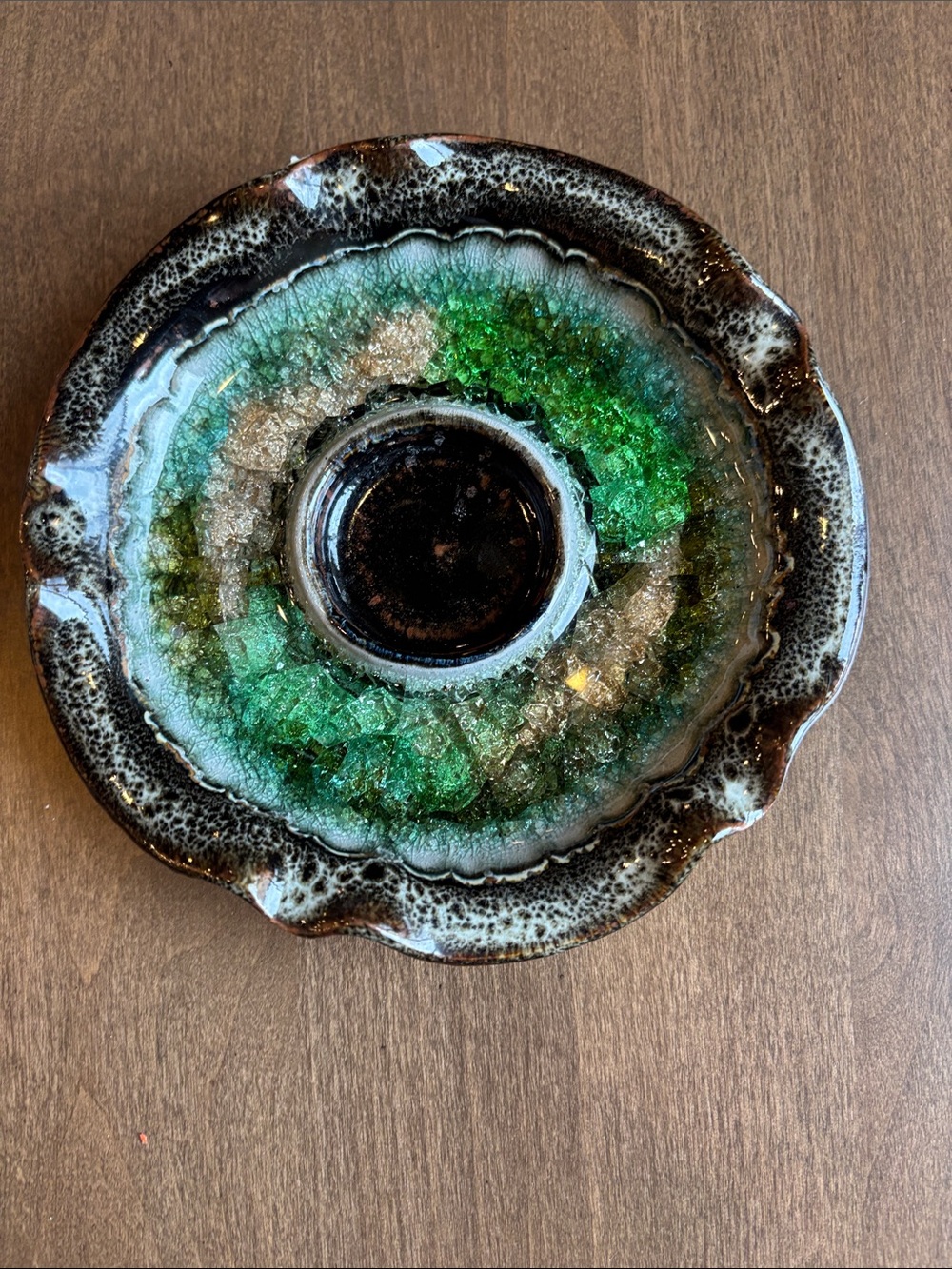 Handmade Pottery Green Glass Mosaic Tea Light Candle Holder or Trinket Dish